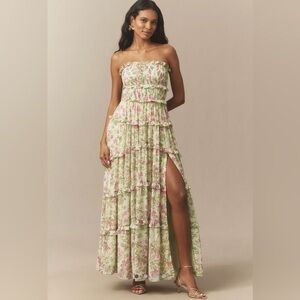NWT Anthropology BHLDN Floral Chiffon Strapless Ruched Tiered A-Line Midi Dress